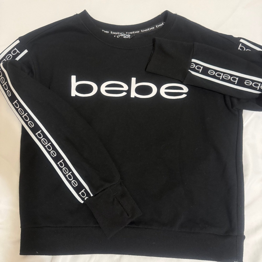 Bebe Sport Womens Logo Crewneck Sweatshirt Black White Sleeve Tape Small